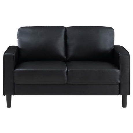 Side perspective of black upholstered Ruth sofa set