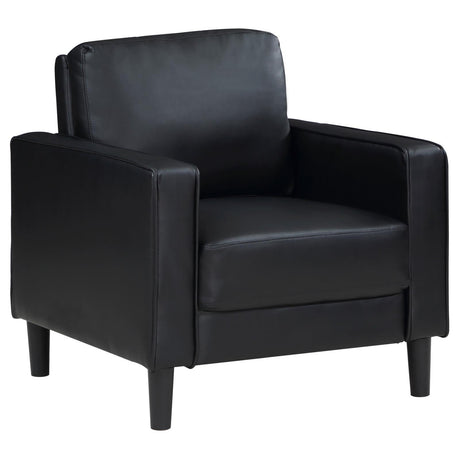 Ruth black faux leather upholstered track arm accent chair front angle
