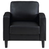Close-up of black leatherette upholstery and track arm detail