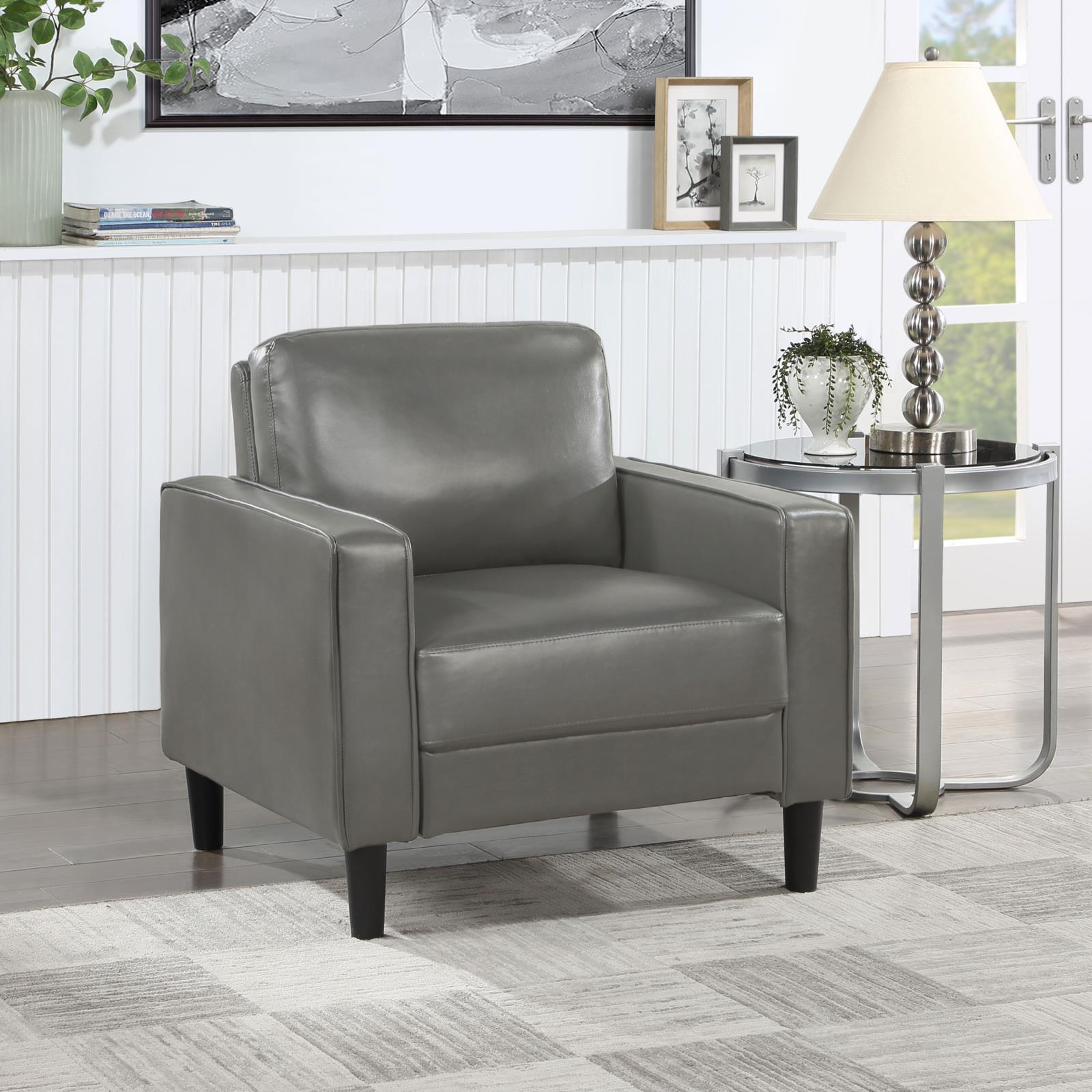 Ruth Accent Chair in Grey Faux Leather side angle