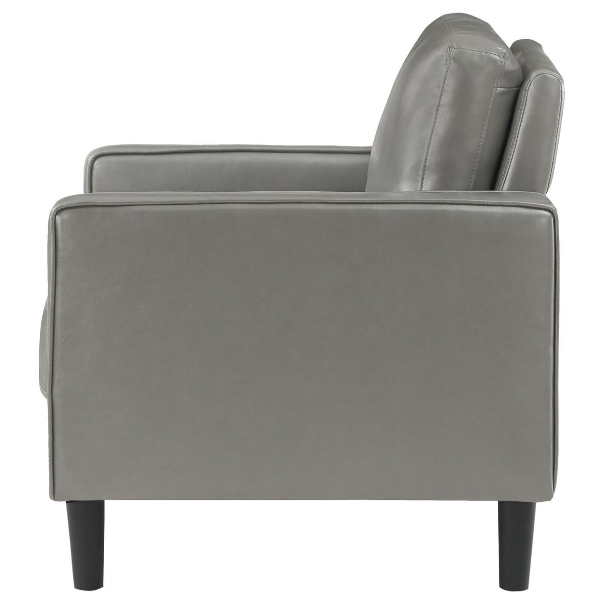 Side detail of Ruth Grey Faux Leather Accent Chair armrest