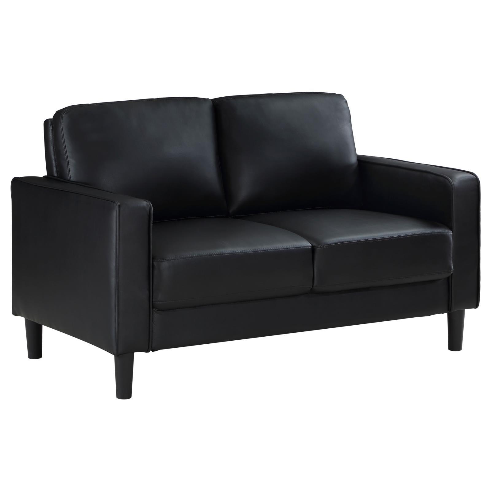 Ruth Black Faux Leather Upholstered Track Arm Loveseat angled view