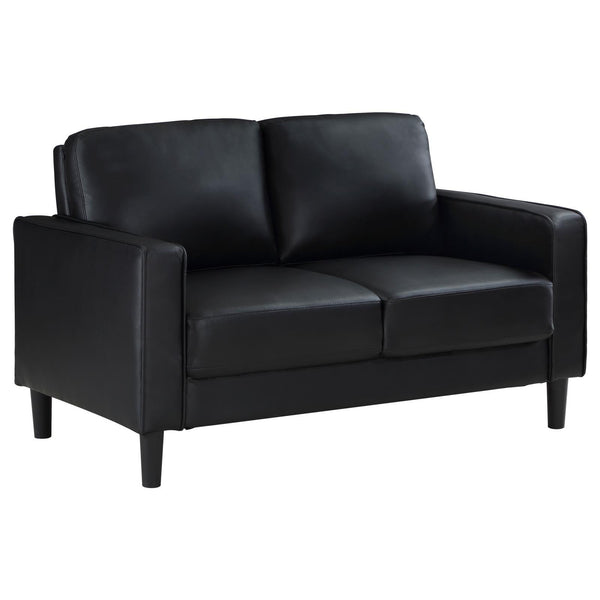 Ruth Black Faux Leather Upholstered Track Arm Loveseat angled view