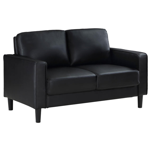 Ruth Black Faux Leather Upholstered Track Arm Loveseat angled view