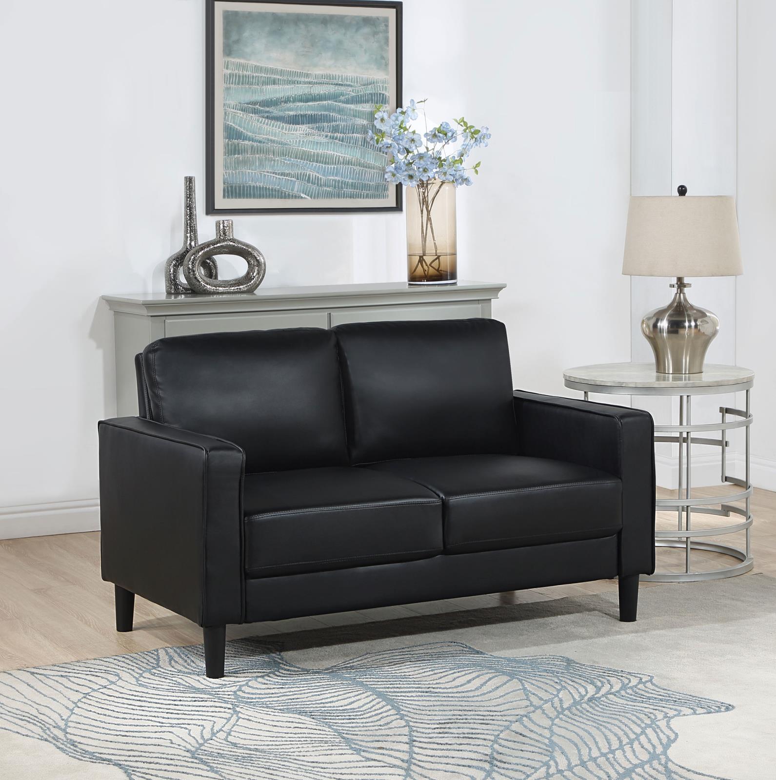 Ruth Black Faux Leather Upholstered Track Arm Loveseat side view