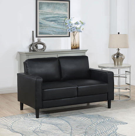 Ruth Black Faux Leather Upholstered Track Arm Loveseat side view