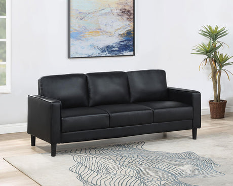 Side view of Ruth Upholstered Track Arm Sofa Black Faux Leather