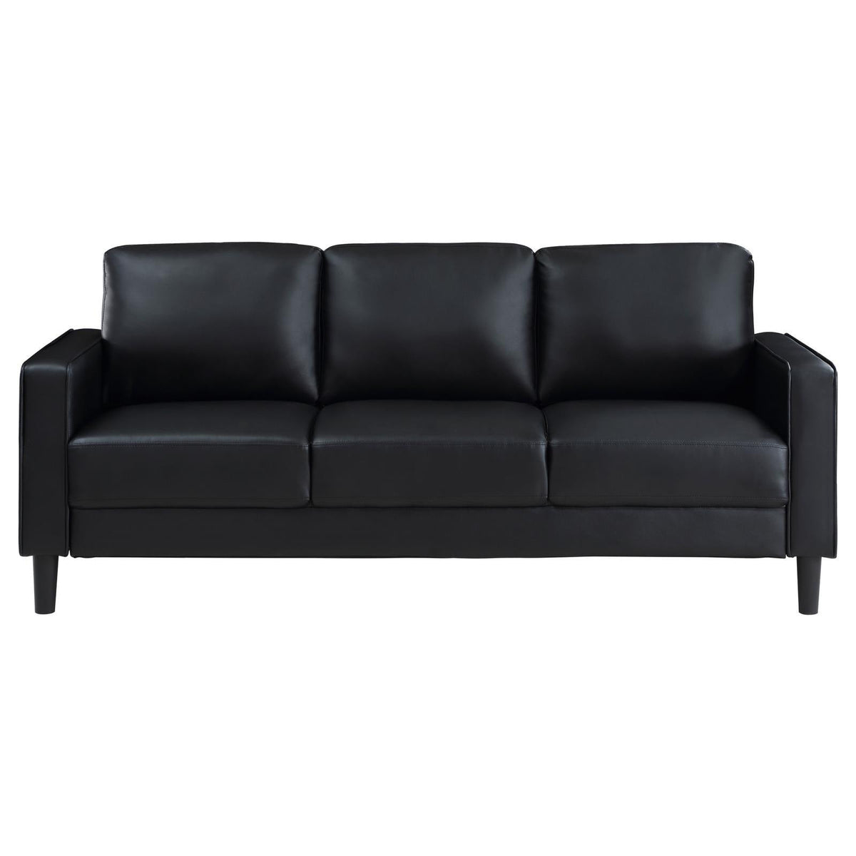 Detail view of faux leather upholstery on Ruth Sofa