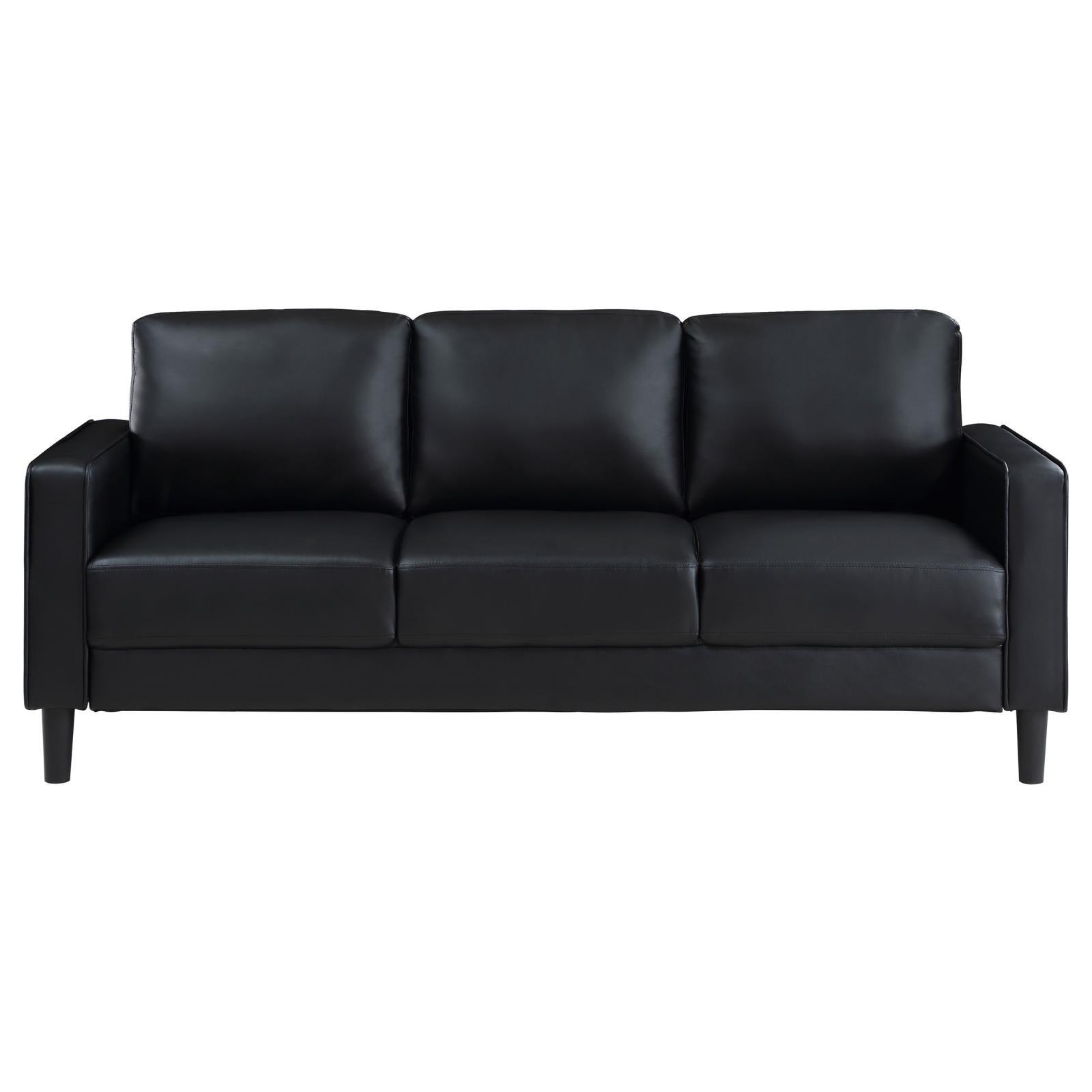 Detail view of faux leather upholstery on Ruth Sofa