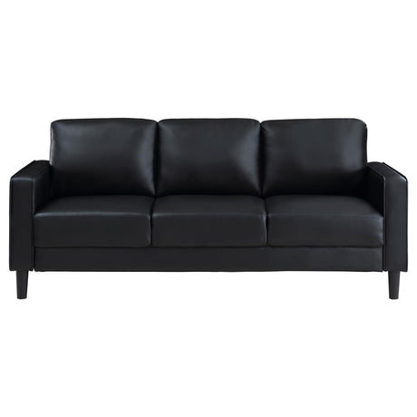 Detail view of faux leather upholstery on Ruth Sofa