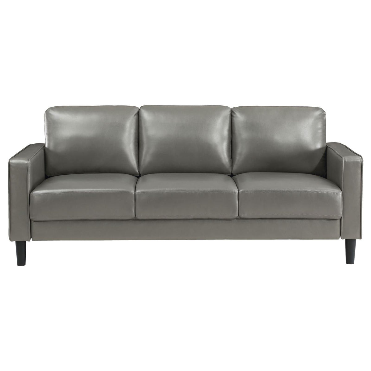 close-up of grey faux leather upholstery on Ruth sofa arm