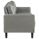 side perspective of Ruth sofa with track arms and seat cushions