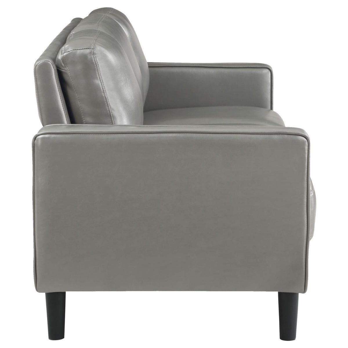 side perspective of Ruth sofa with track arms and seat cushions