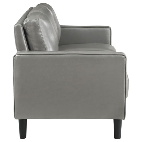 side perspective of Ruth sofa with track arms and seat cushions