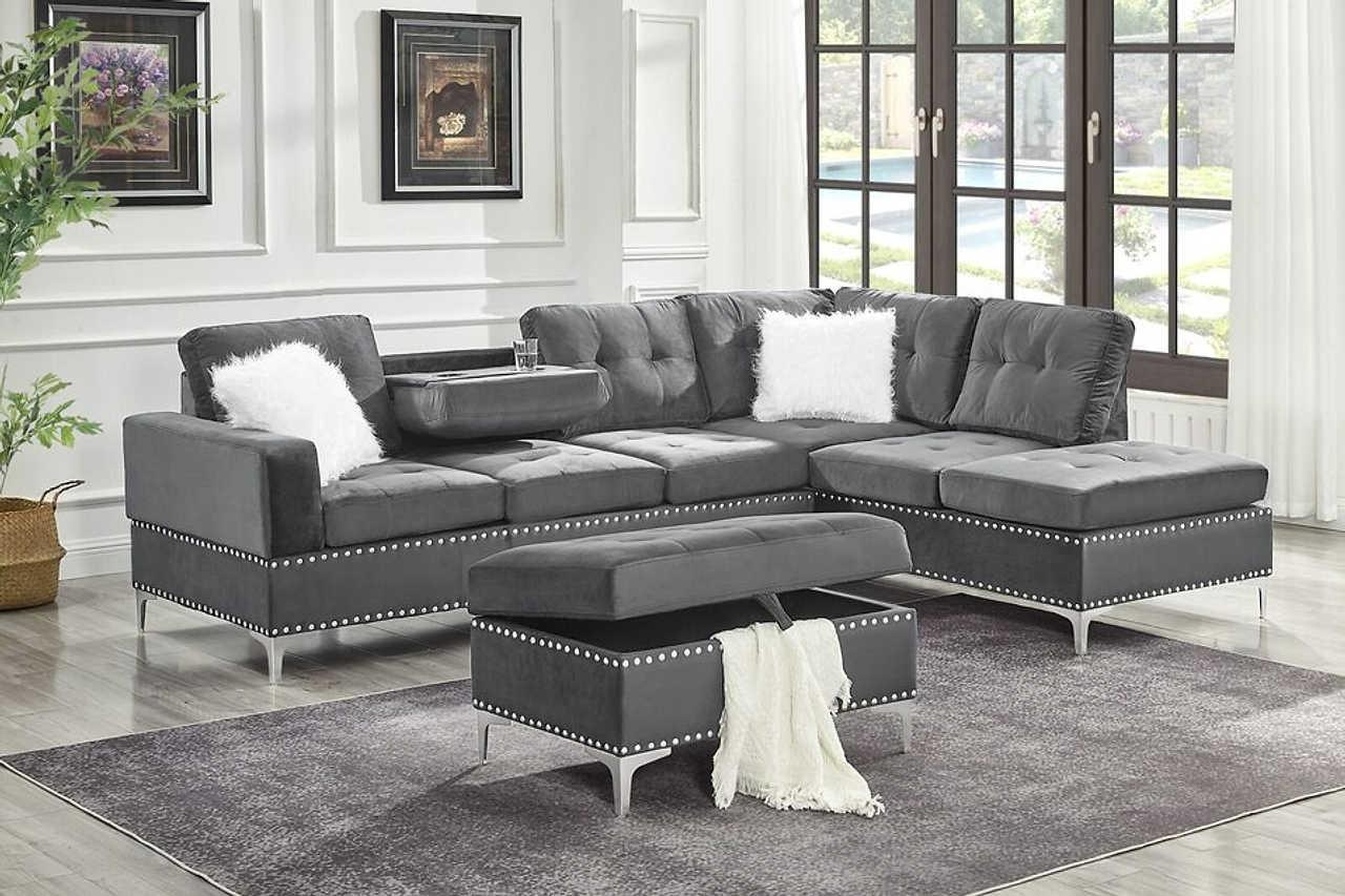 Joy Grey Storage Ottoman side angle showing storage - Ella Furniture