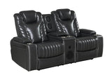 Recliner with power controls in grey upholstery