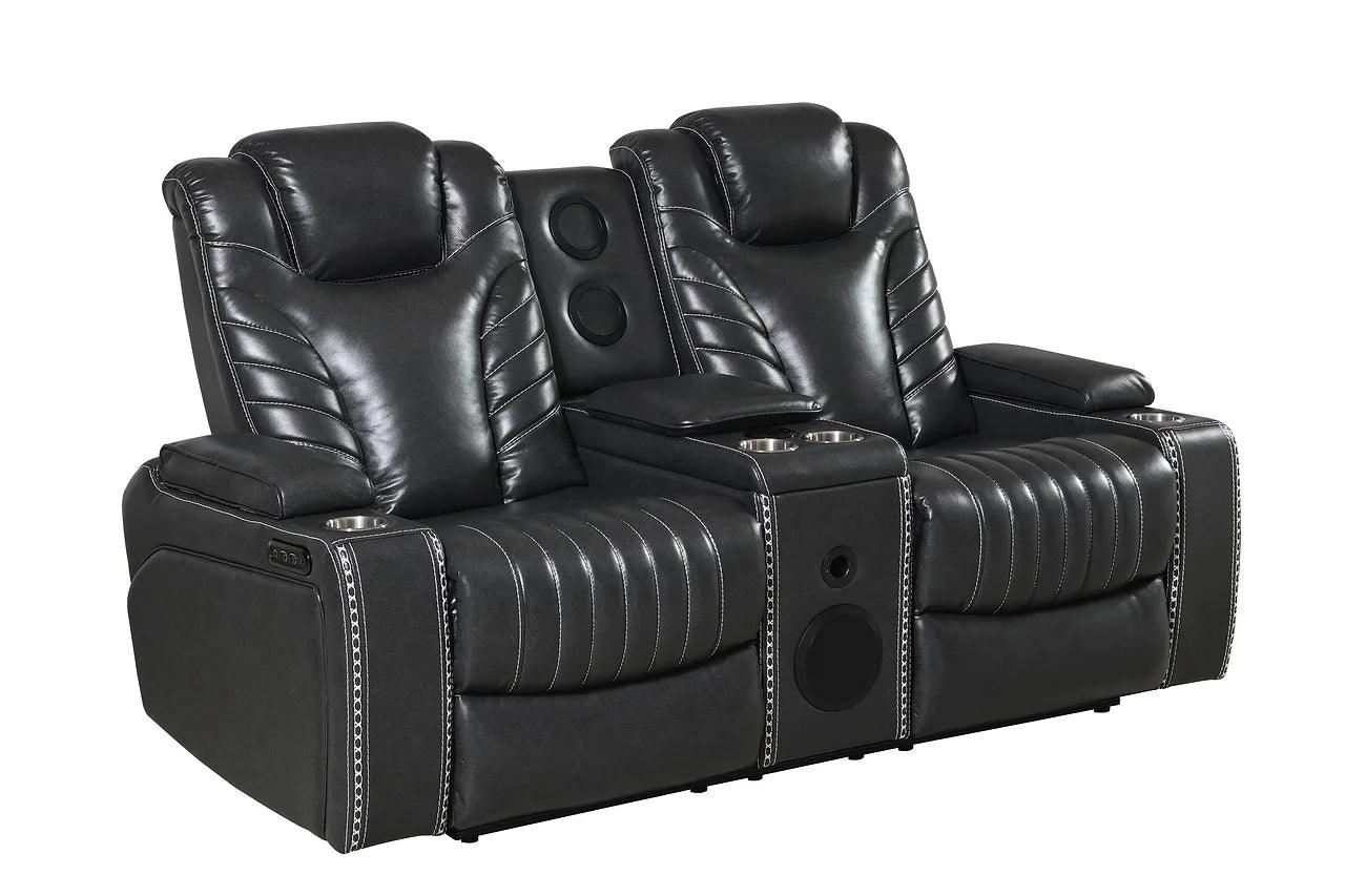 Recliner with power controls in grey upholstery