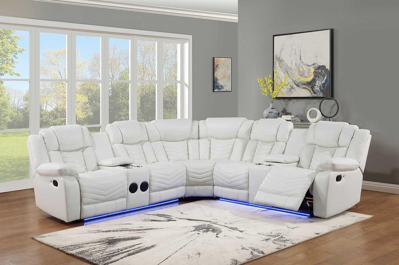 Lucky Charm white reclining sectional sofa front angle