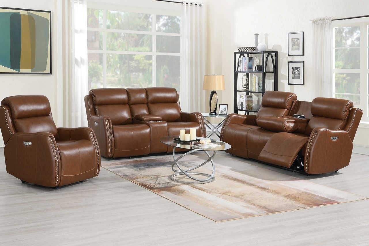 Victor Light Brown Leather Match Power Reclining Loveseat with console