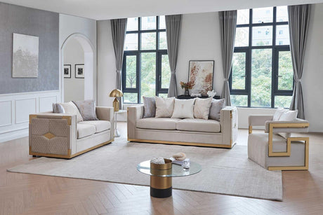 Front angle of Juliet Cream Living Room Set sofa and loveseat