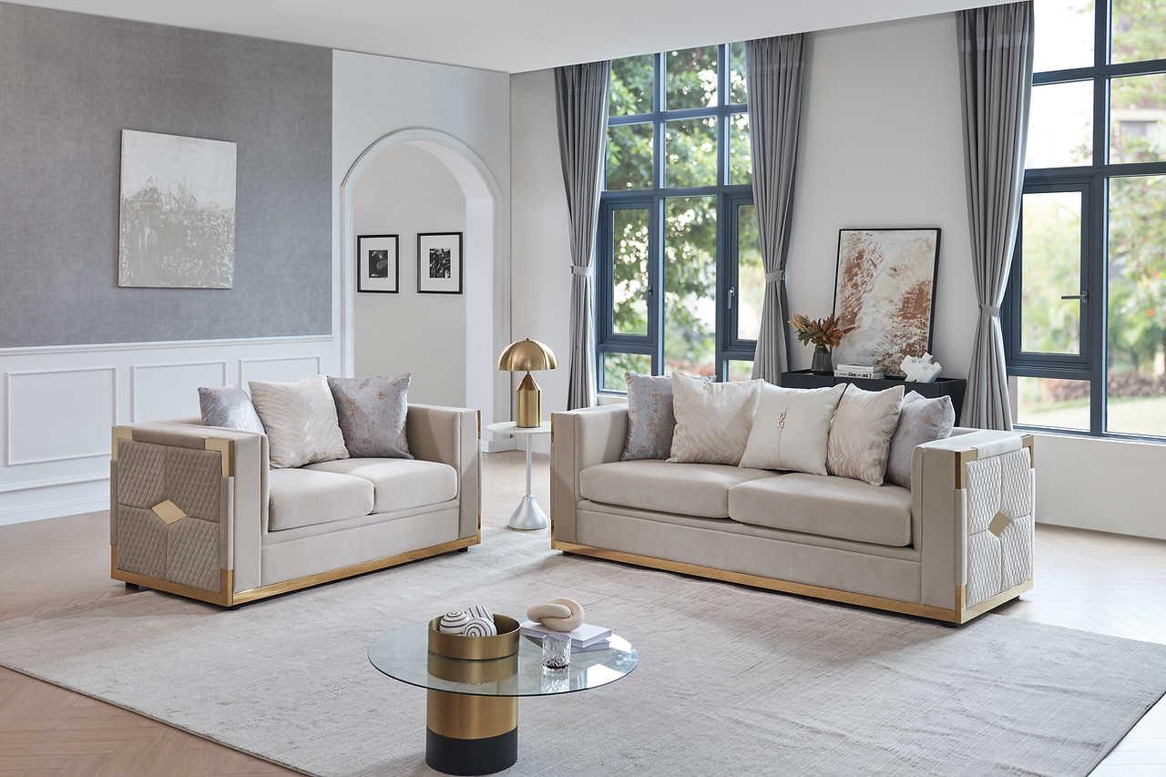Side view of Juliet Cream sofa and loveseat set