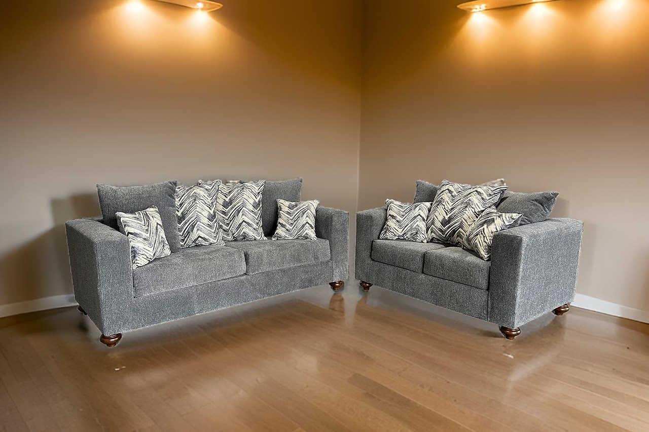 Zander Gray Living Room Set front view showing sofa and loveseat