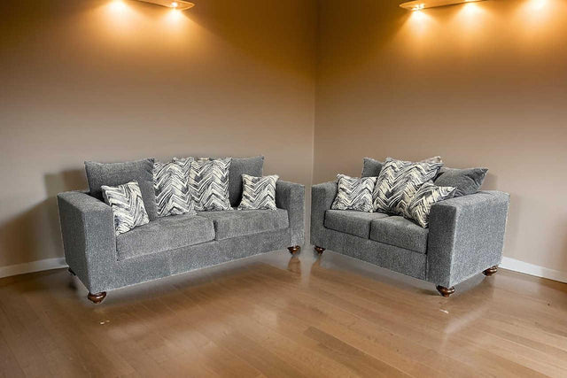 Zander Gray Living Room Set front view showing sofa and loveseat
