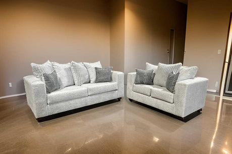 Rivera sofa and loveseat set in black fabric, front view