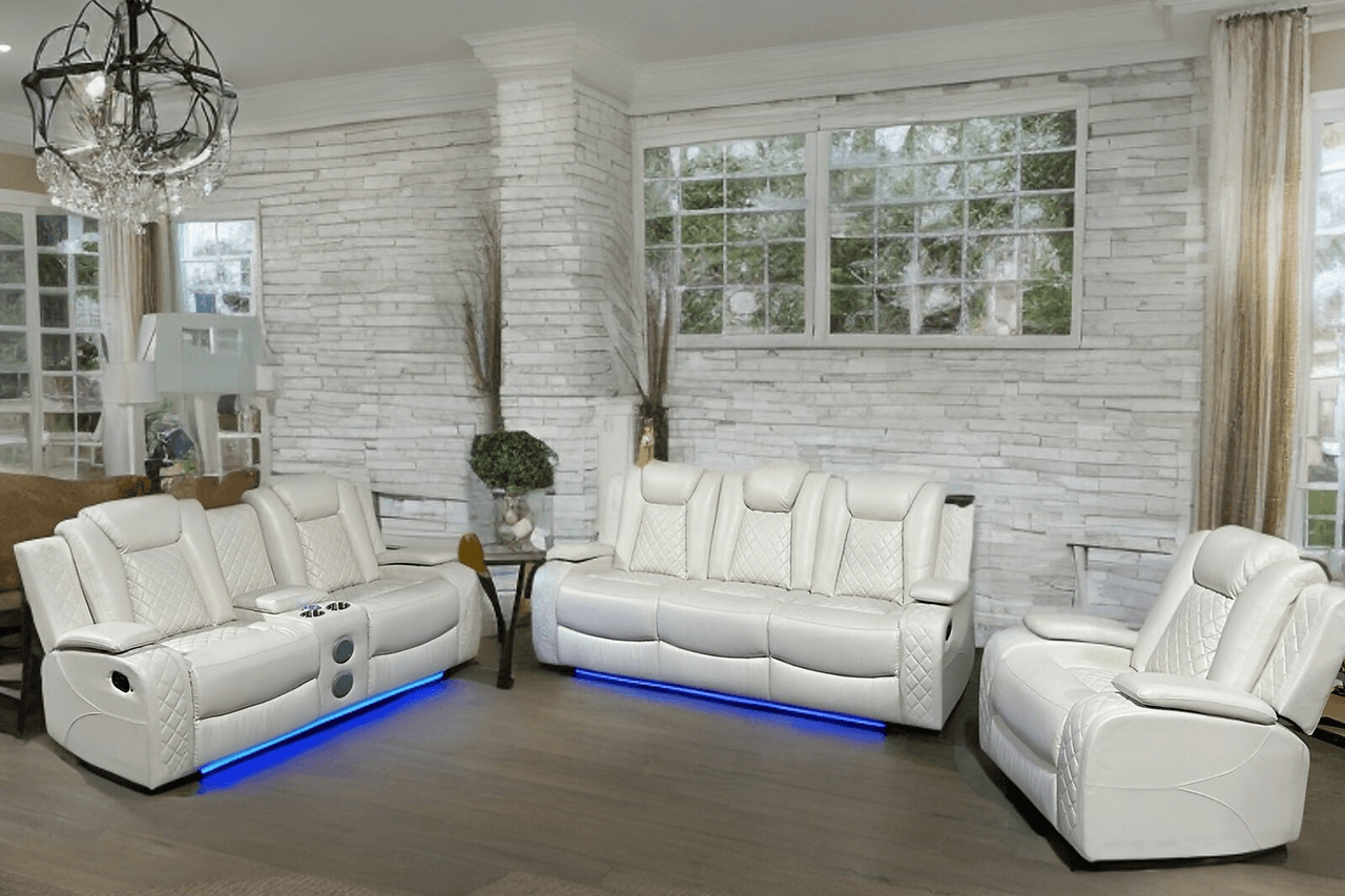 Front view of New York White Reclining Sofa with drop-down console and LED lights