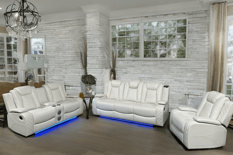Front view of New York White Reclining Sofa with drop-down console and LED lights