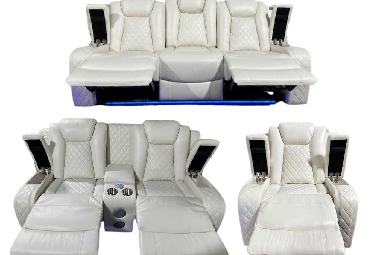 Side angle of New York White Reclining Loveseat with stainless cupholder and Bluetooth sound system