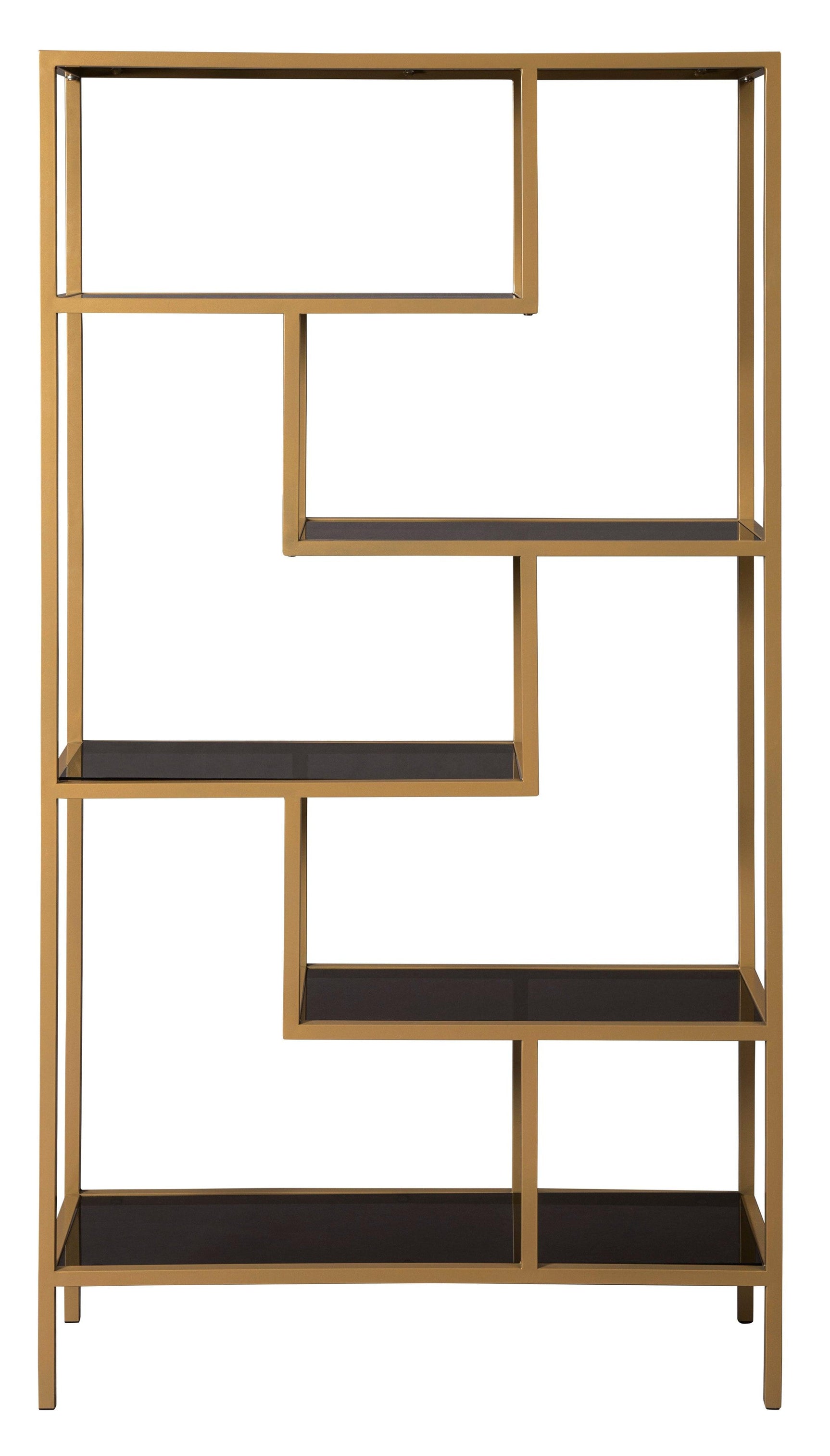 Frankwell gold finish metal and glass 5-shelf bookcase styled with decor