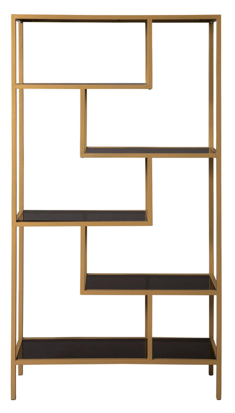 Frankwell gold finish metal and glass 5-shelf bookcase styled with decor