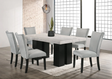 Finland dining set showing marble top table and blue velvet chairs from front angle