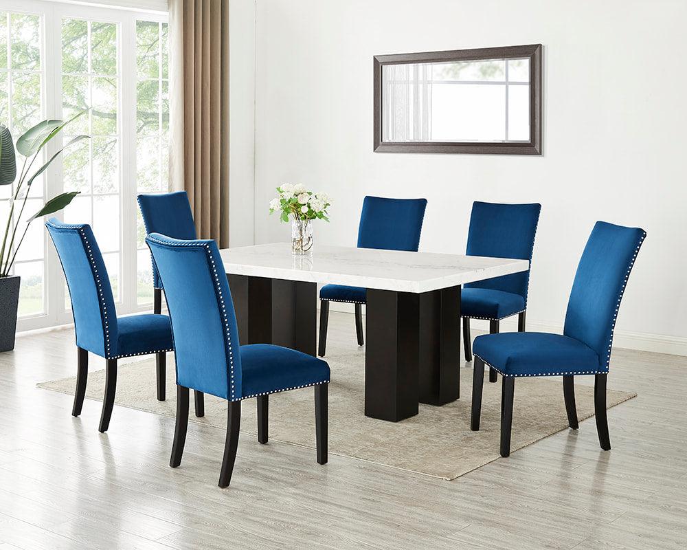 Finland Blue Parsons velvet dining set with marble tabletop and six chairs