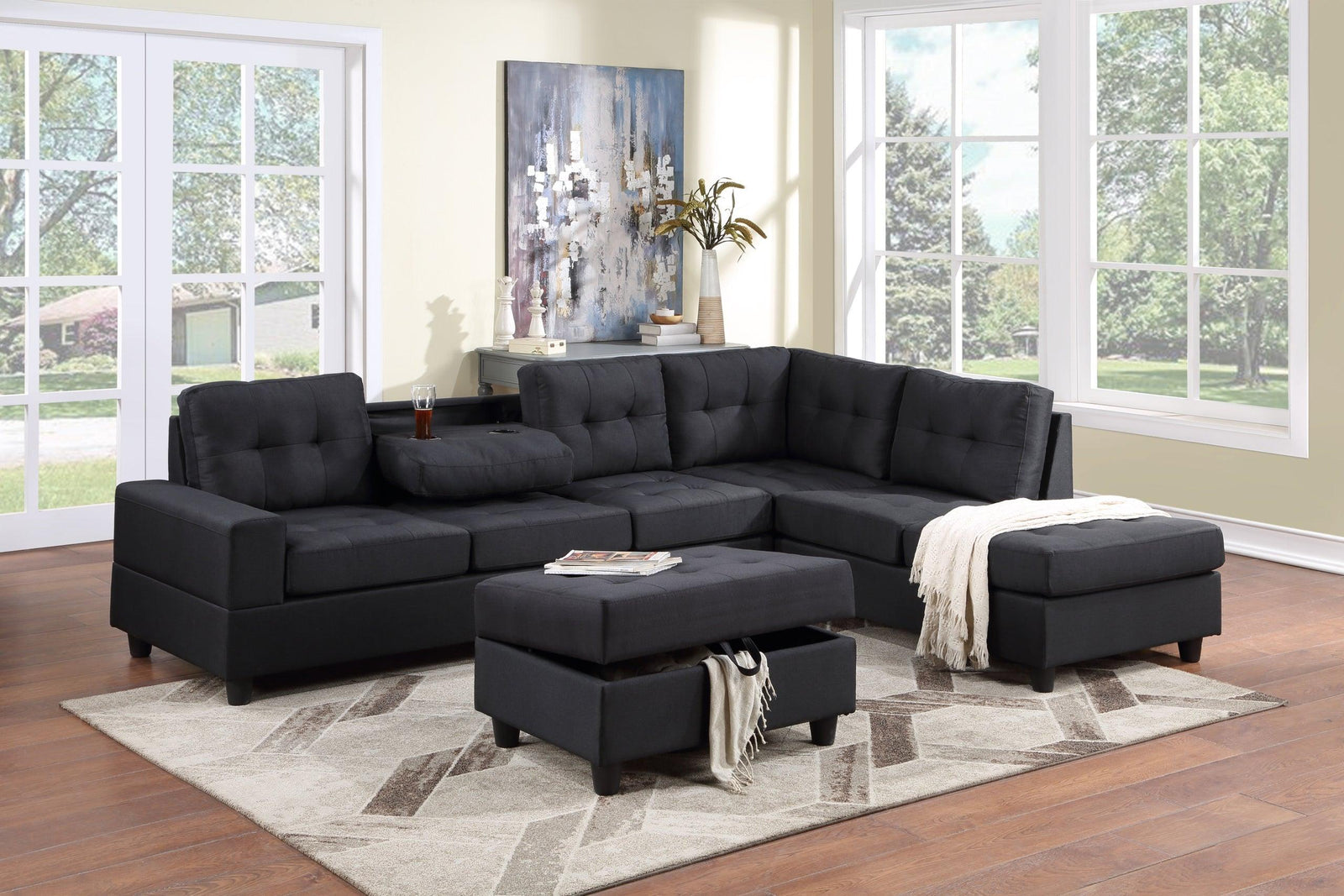 main view of Heights Black Velvet Tufted Reversible Sectional Storage Ottoman Set sectional sofa