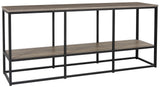 Side view of Wadeworth black and brown TV stand showing adjustable shelves