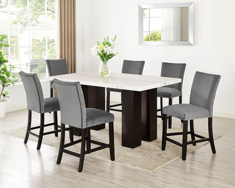 Finley Grey marble counter height dining table with six grey velvet upholstered chairs