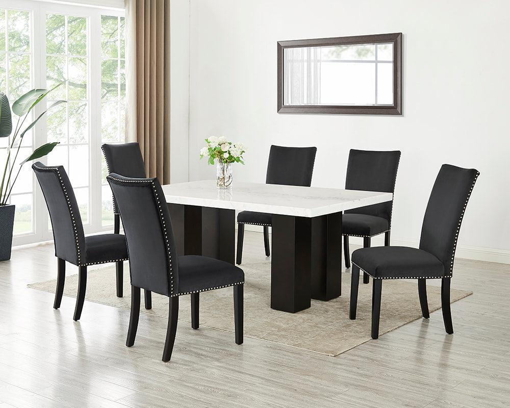 Finland Black Parsons dining room set with marble table and velvet chairs, angle view