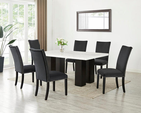 Finland Black Parsons dining room set with marble table and velvet chairs, angle view
