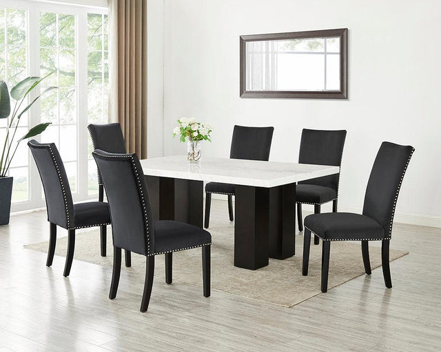 Finland Black Parsons dining room set with marble table and velvet chairs, angle view