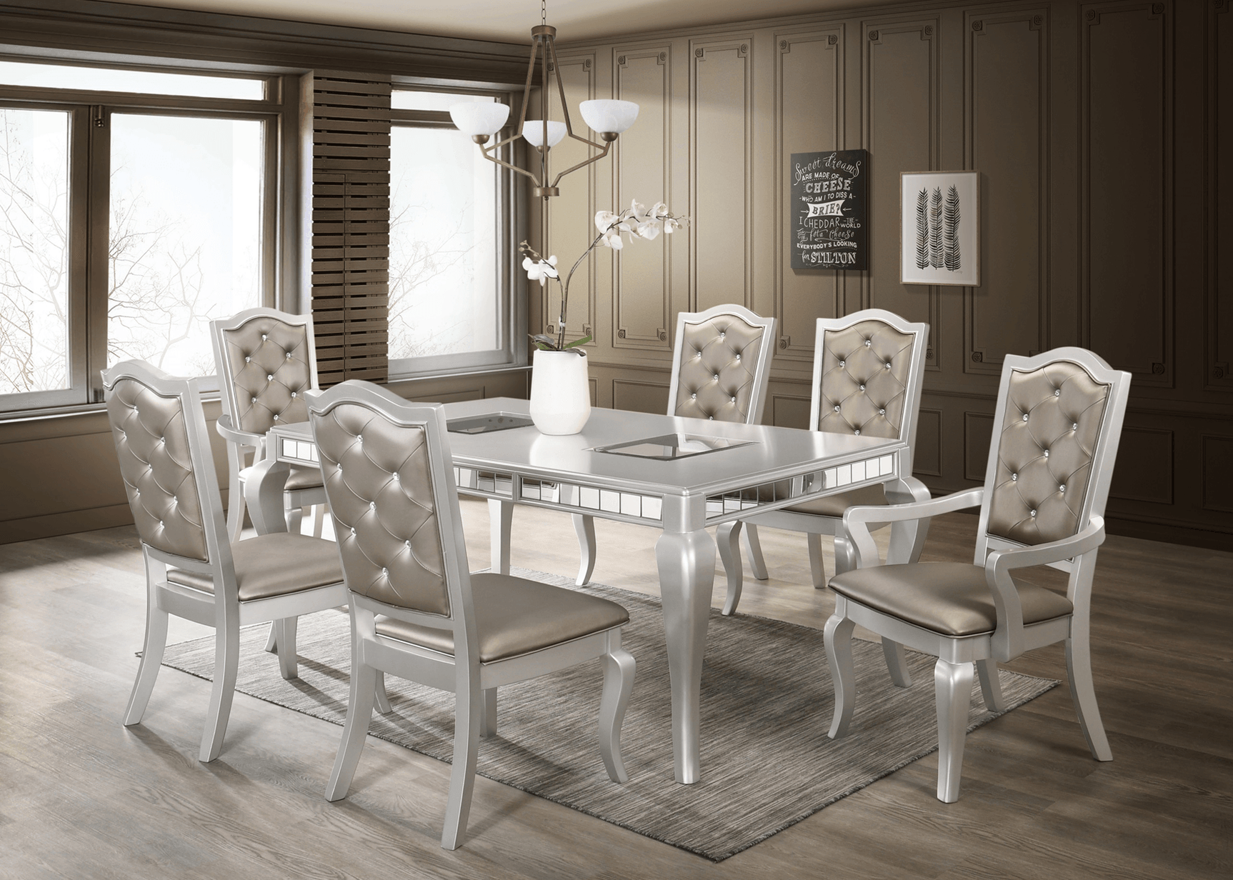 Calabella dining set with silver finish and six faux leather chairs