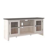 Dorrinson Antique White TV Stand with glass doors, side view