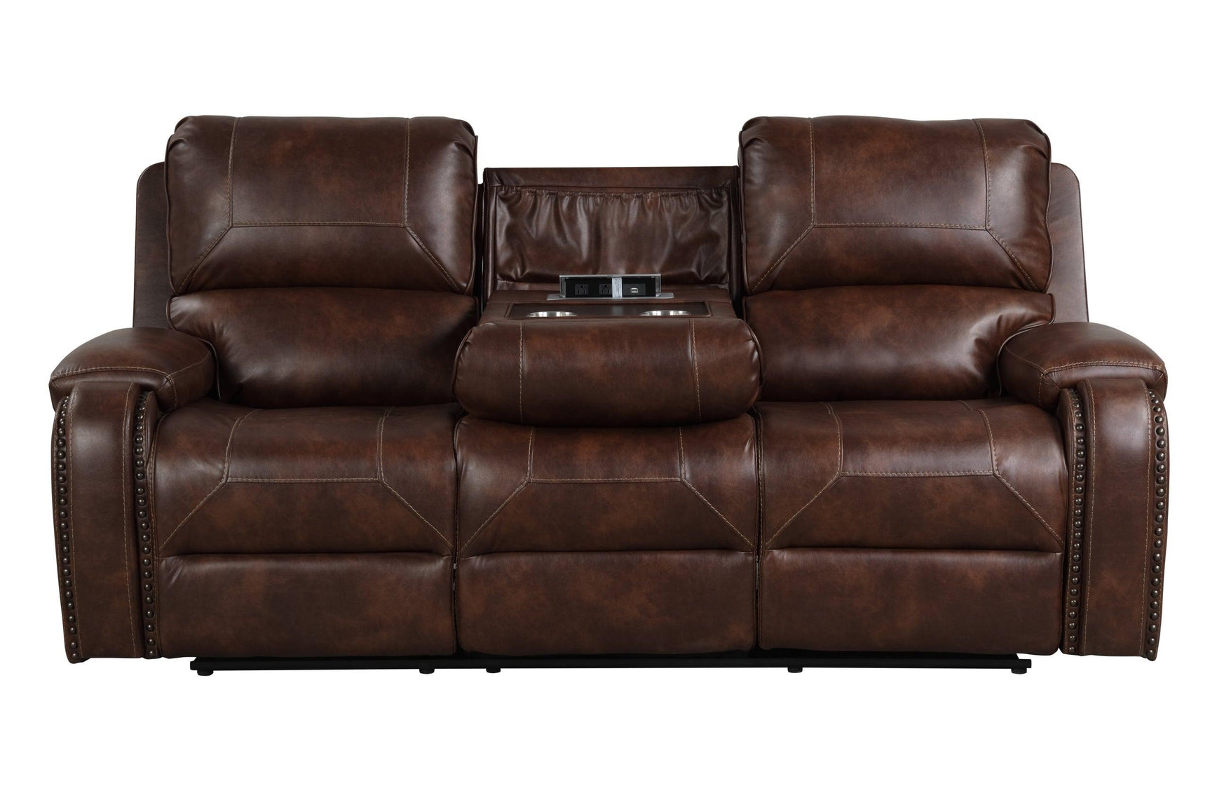 Leather Rust Sofa with Drop Down Table and Charging Ports