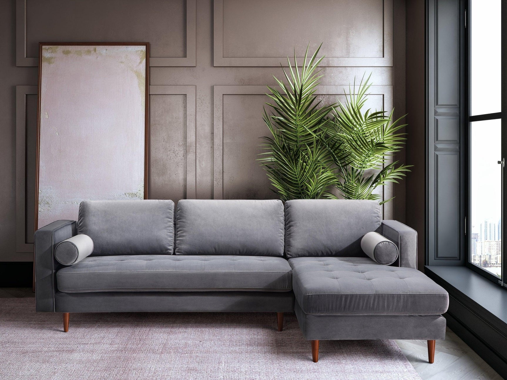 Roxy Grey Velvet Sectional sofa side angle view