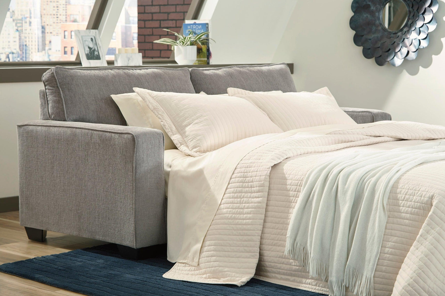 Ashley Altari gray fabric queen sleeper sofa open sleeper view
