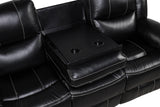 Black leather gel reclining loveseat with console - angled view