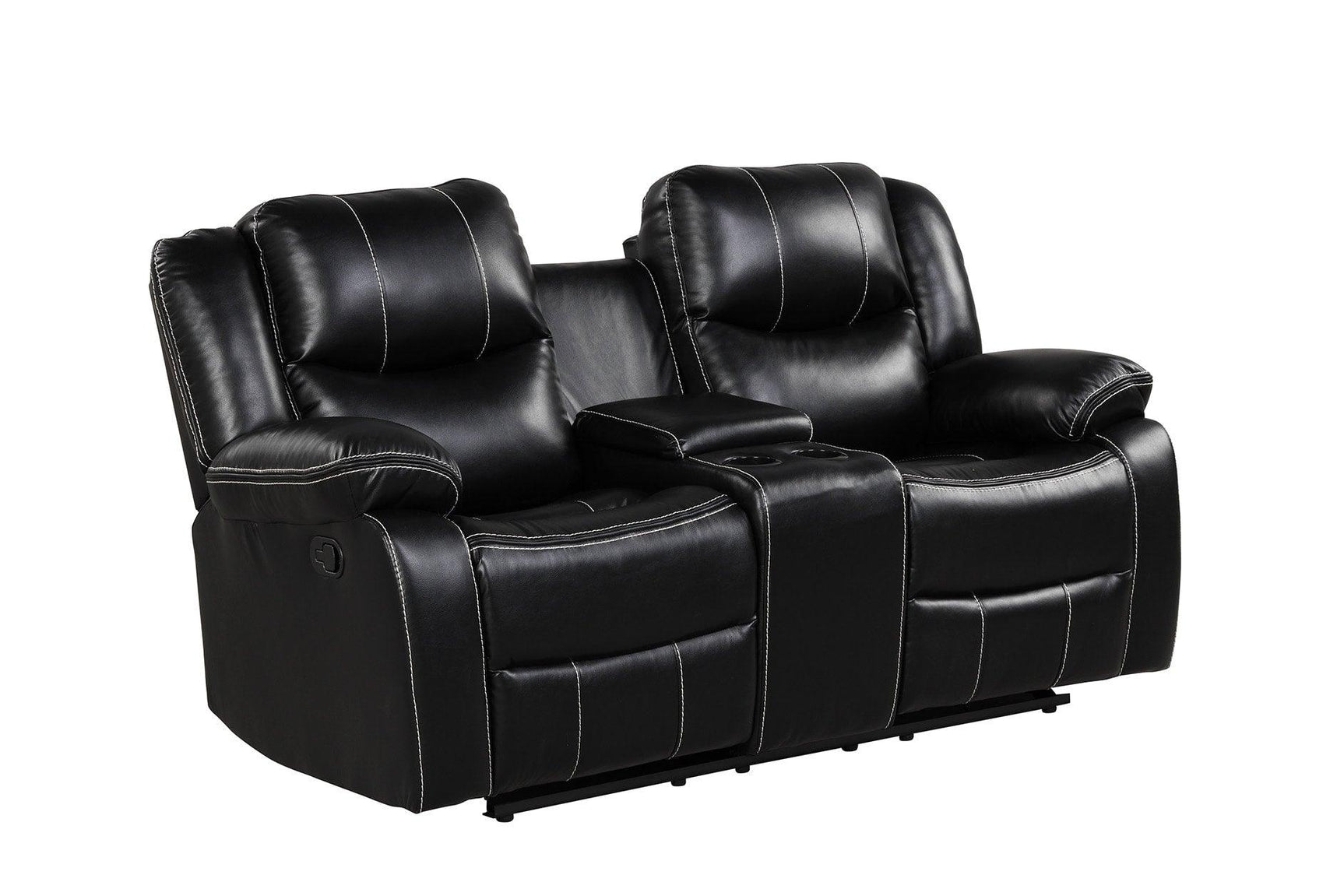 Reclining glider chair in black leather gel upholstery - side angle
