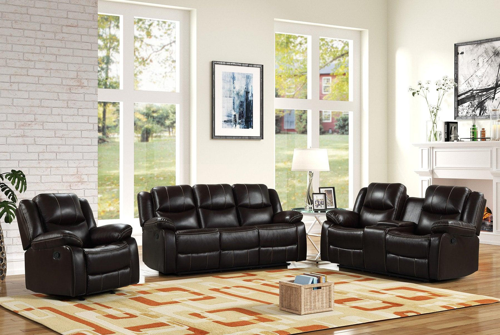 Carter Brown brown gel leather reclining sofa front angle