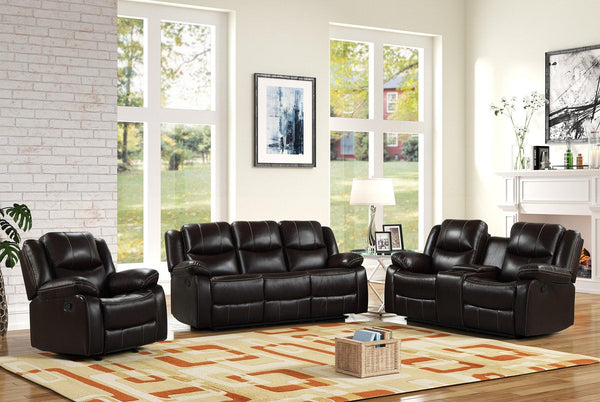 Carter Brown brown gel leather reclining sofa front angle